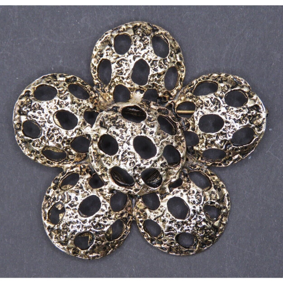 Vintage Brooch Pin Large Flower Brass Metal with Holes Hand Crafted, Brand Joy - Picture 1 of 4